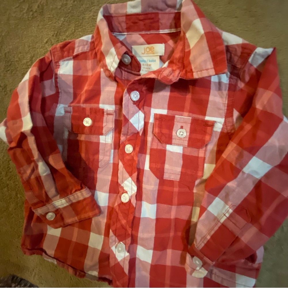 EUC Joe Fresh Kids Red and White Plaid Button Down Shirt 6-12 mos